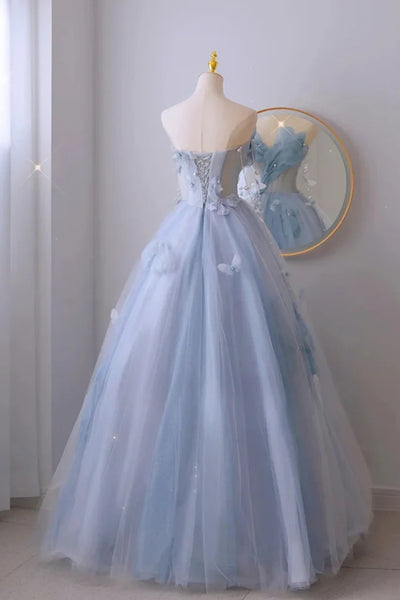 Strapless A Line Light Blue Prom Dresses with Butterfly, Light Blue Tulle Long Formal Evening Dresses