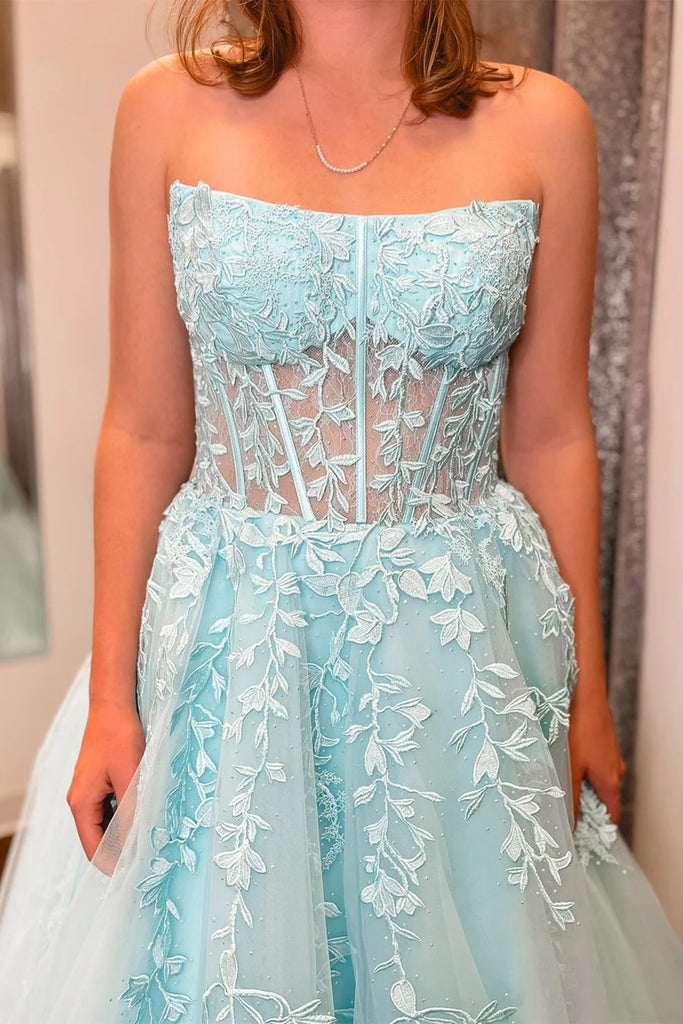 Strapless Aqua/White/Lilac Lace Long Prom Dresses, Aqua/White/Lilac Fo Eip Collection Strapless Aqua/White/Lilac Lace Long Prom Dresses, Aqua/White/Lilac Fo Eip Collection