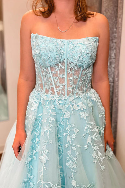 Strapless Aqua/White/Lilac Lace Long Prom Dresses, Aqua/White/Lilac Formal Graduation Evening Dresses