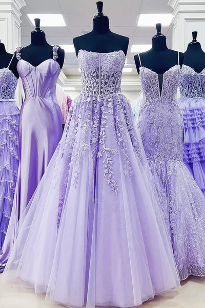Strapless Aqua/White/Lilac Lace Long Prom Dresses, Aqua/White/Lilac Formal Graduation Evening Dresses