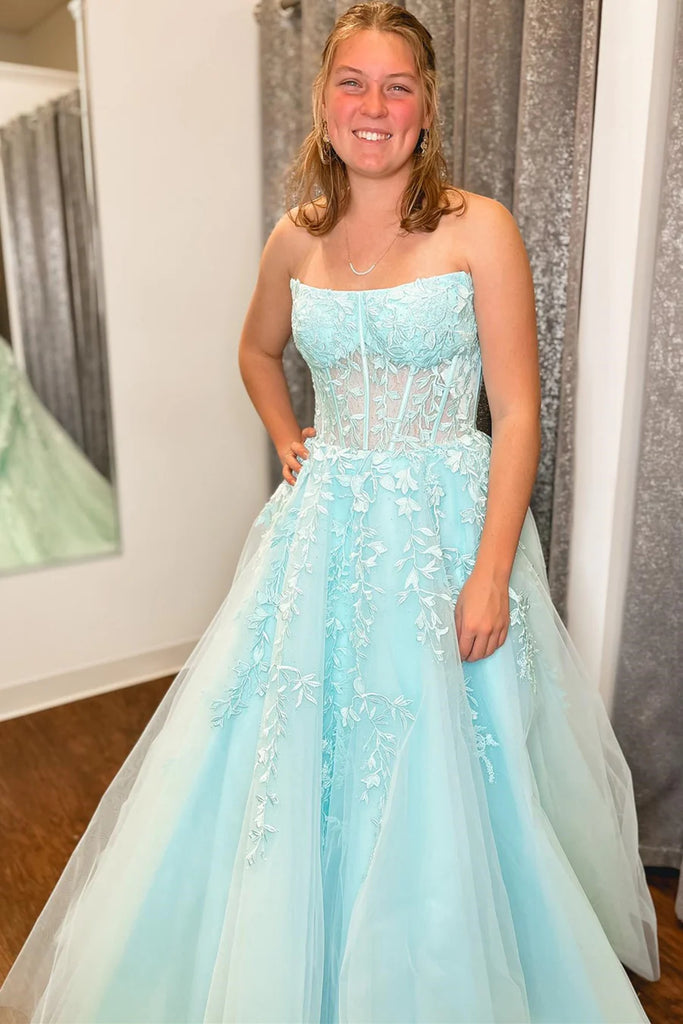 Strapless Aqua/White/Lilac Lace Long Prom Dresses, Aqua/White/Lilac Fo Eip Collection Strapless Aqua/White/Lilac Lace Long Prom Dresses, Aqua/White/Lilac Fo Eip Collection