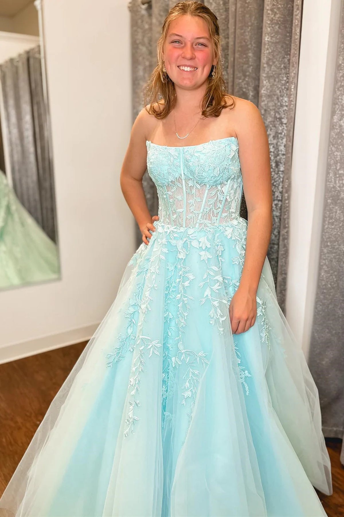 Strapless Aqua/White/Lilac Lace Long Prom Dresses, Aqua/White/Lilac Fo Eip Collection Strapless Aqua/White/Lilac Lace Long Prom Dresses, Aqua/White/Lilac Fo Eip Collection