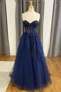 Strapless Blue Lace Long Prom Dresses, Navy Blue Lace Long Formal Evening Dresses