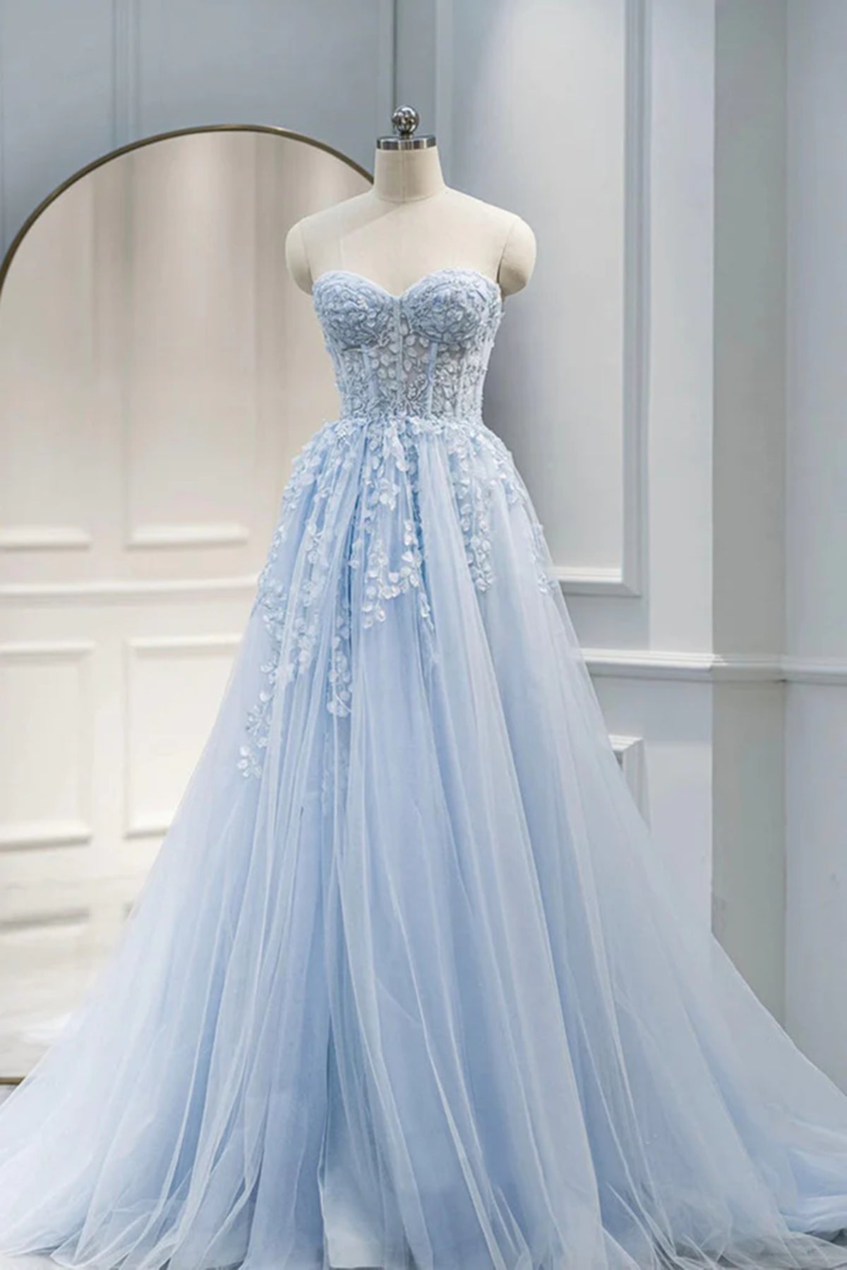 Strapless Blue Lace Prom Dresses, Strapless Blue Lace Long Formal Even