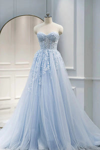 Strapless Blue Lace Prom Dresses, Strapless Blue Lace Long Formal Evening Dresses