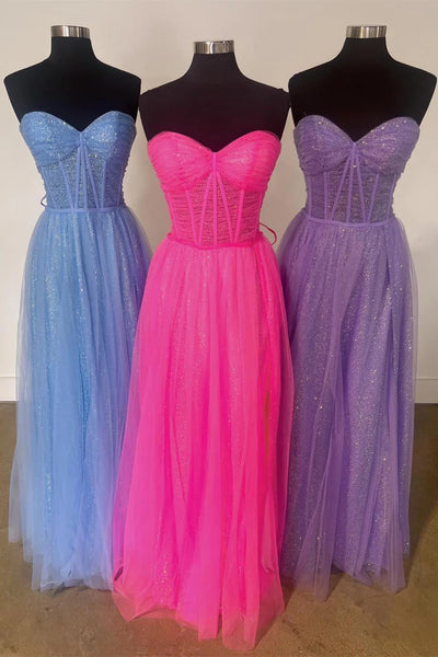 Strapless Blue Pink Purple Long Prom Dresses, Strapless Blue Pink Purple Long Formal Evening Dresses