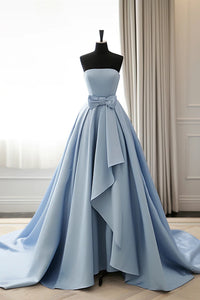 Strapless Blue Satin High Low Prom Dresses, High Low Blue Formal Evening Dresses