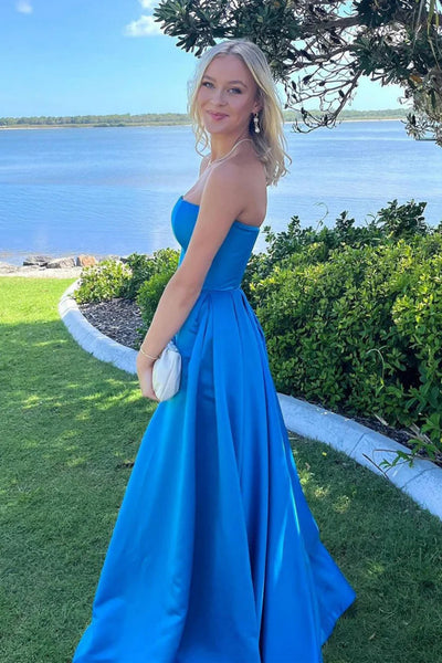 Strapless Blue Satin Long Prom Dresses, Blue Satin Long Formal Evening Dresses