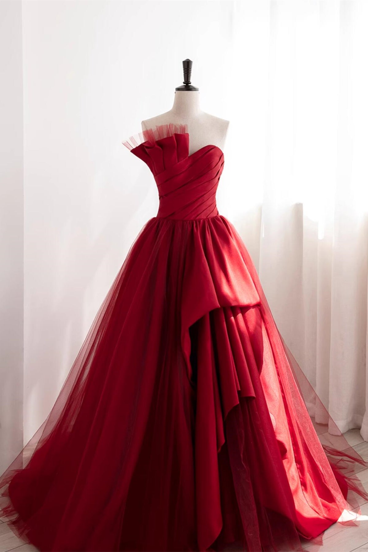 Strapless Burgundy Tulle Satin Long Prom Dresses, Wine Red Long Fomal Eip Collection Strapless Burgundy Tulle Satin Long Prom Dresses, Wine Red Long Fomal Eip Collection