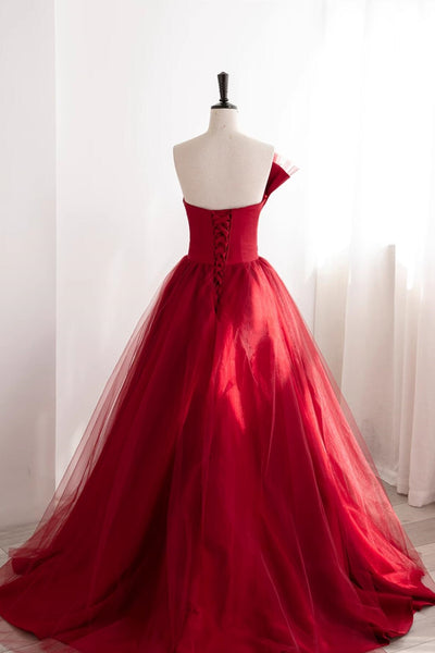Strapless Burgundy Tulle Satin Long Prom Dresses, Wine Red Long Fomal Gowns
