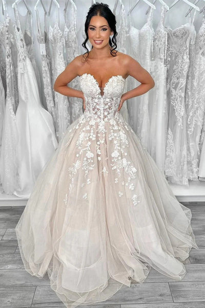 Strapless Champagne Lace Wedding Dresses, Elegant Champagne Lace Wedding Gowns Prom Dresses
