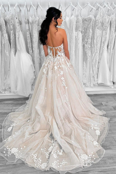 Strapless Champagne Lace Wedding Dresses, Elegant Champagne Lace Wedding Gowns Prom Dresses