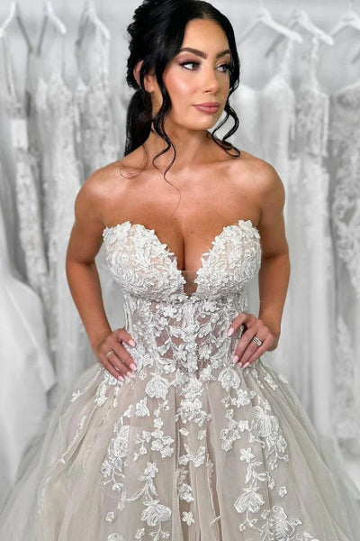 Strapless Champagne Lace Wedding Dresses, Elegant Champagne Lace Wedding Gowns Prom Dresses