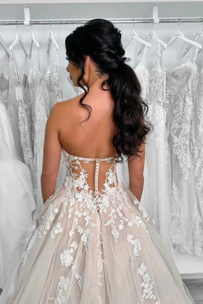 Strapless Champagne Lace Wedding Dresses, Elegant Champagne Lace Wedding Gowns Prom Dresses