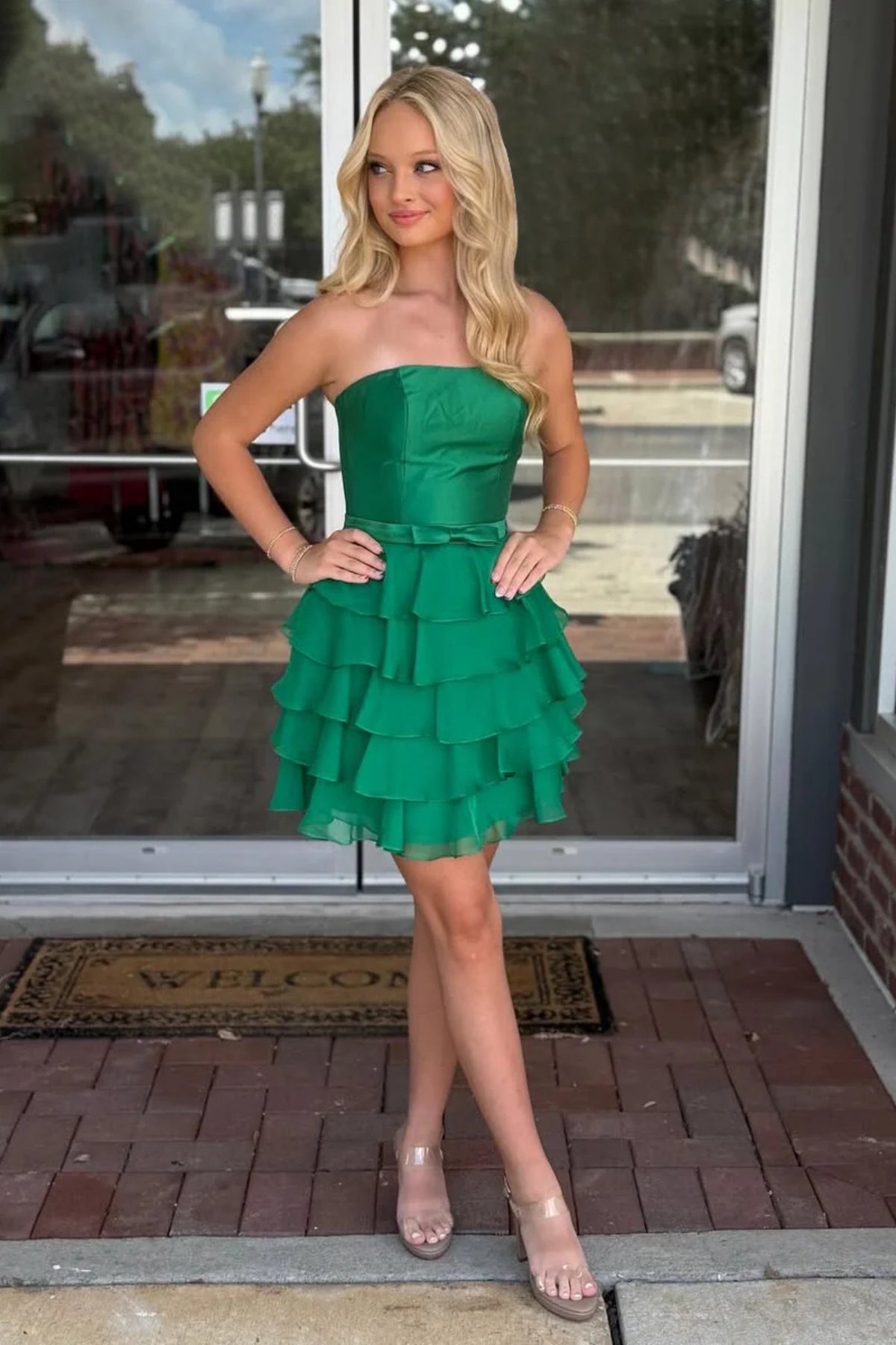 Strapless Dark Green Short Chiffon Prom Dresses, Short Layered Chiffon Eip Collection Strapless Dark Green Short Chiffon Prom Dresses, Short Layered Chiffon Eip Collection