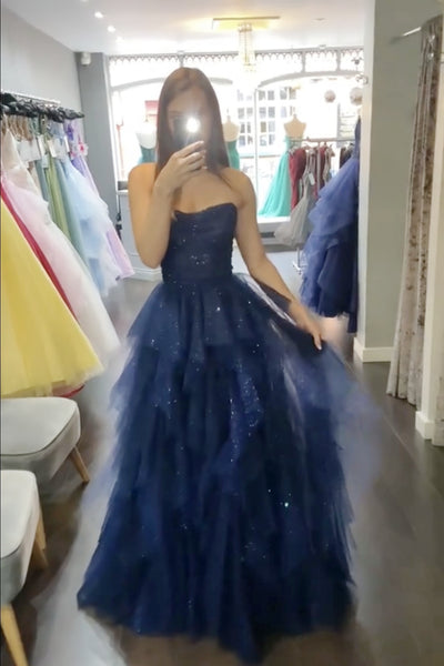 Strapless Dark Navy Blue Tulle Prom Dresses, Dark Navy Blue Long Formal Evening Dresses