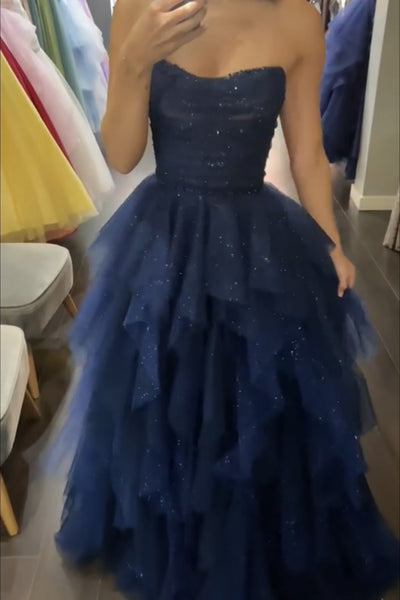 Strapless Dark Navy Blue Tulle Prom Dresses, Dark Navy Blue Long Formal Evening Dresses