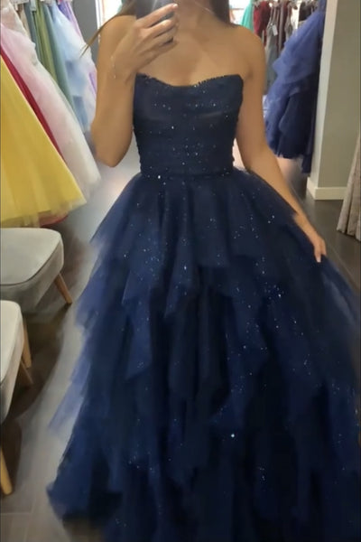 Strapless Dark Navy Blue Tulle Prom Dresses, Dark Navy Blue Long Formal Evening Dresses