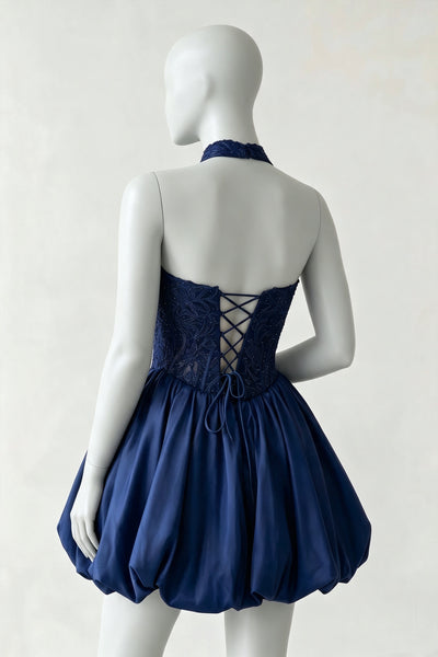Strapless Dark Navy Blue White Short Lace Prom Dresses, Short White Blue Lace Formal Homecoming Dresses