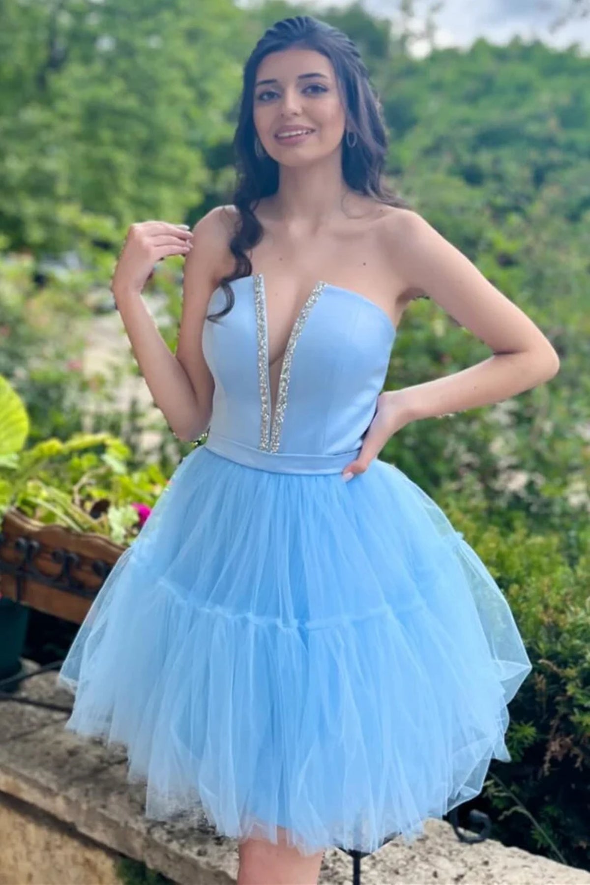 Strapless Deep V Neck Blue Tulle Prom Dresses with Beadings, Short Lig –  Eip Collection