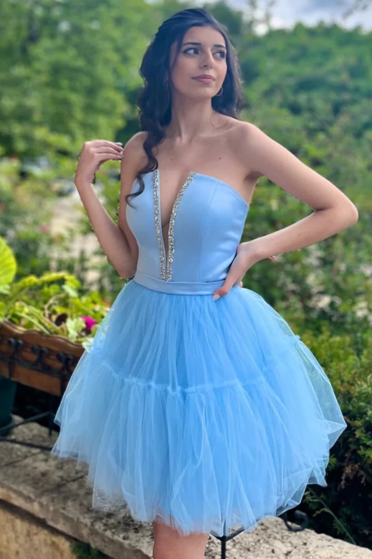 Strapless Deep V Neck Blue Tulle Prom Dresses with Beadings, Short Lig –  Eip Collection
