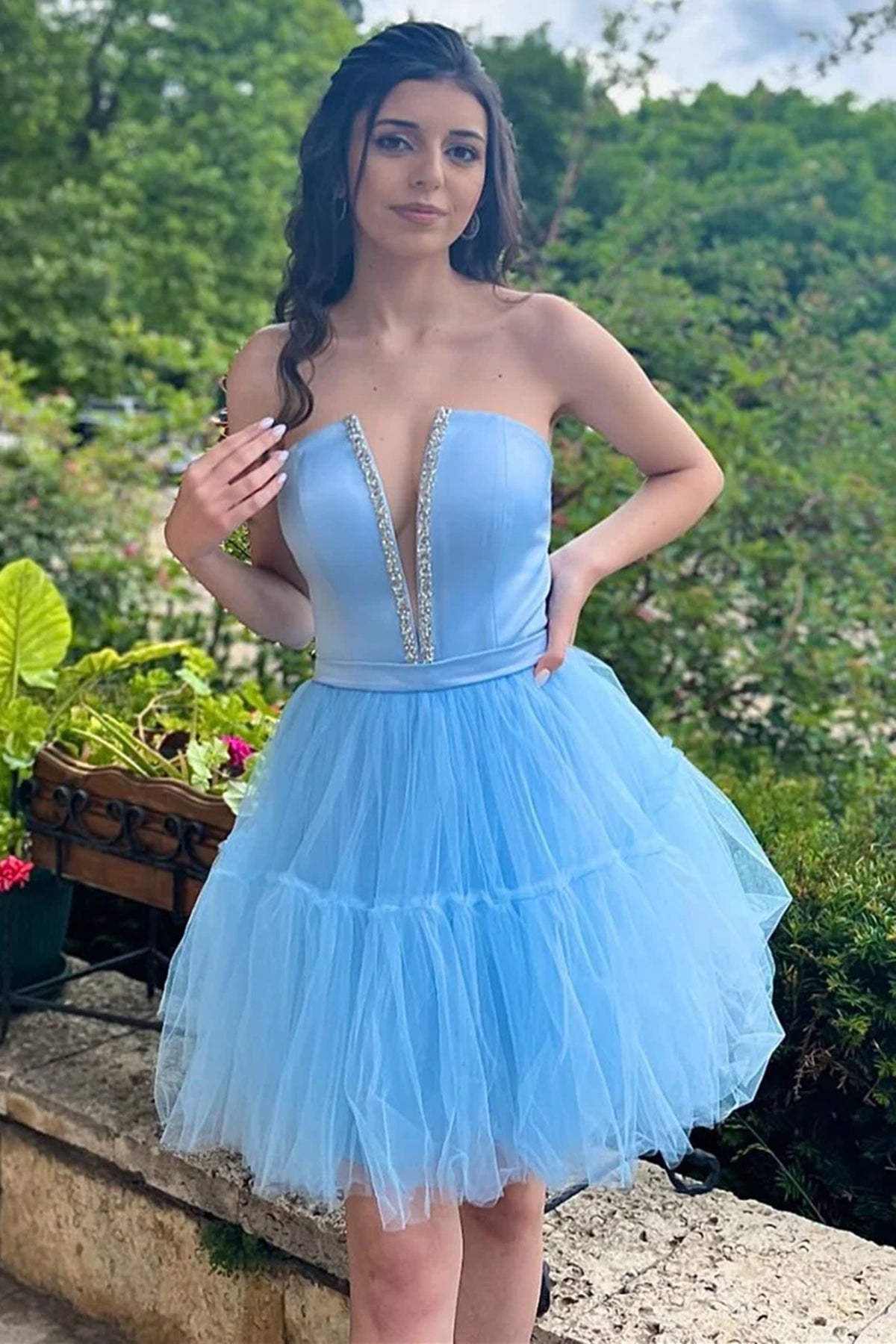 Strapless Deep V Neck Blue Tulle Prom Dresses with Beadings, Short Lig – Eip Collection