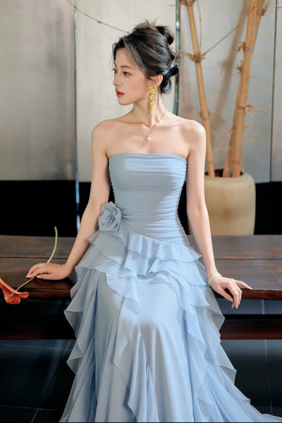 Strapless Dusty Blue Chiffon Long Prom Dress, Ruffled Tiered Formal Evening Gown with 3D Floral Detail