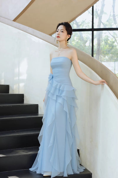 Strapless Dusty Blue Chiffon Long Prom Dress, Ruffled Tiered Formal Evening Gown with 3D Floral Detail