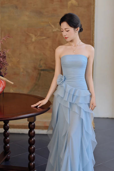 Strapless Dusty Blue Chiffon Long Prom Dress, Ruffled Tiered Formal Evening Gown with 3D Floral Detail