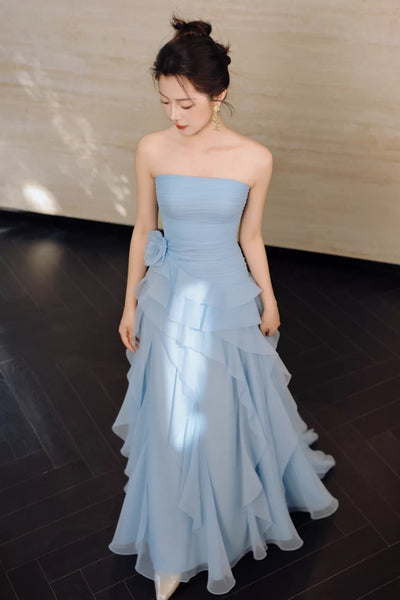 Strapless Dusty Blue Chiffon Long Prom Dress, Ruffled Tiered Formal Evening Gown with 3D Floral Detail