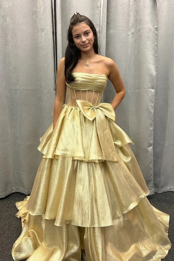 Strapless Gold Organza Layered Long Prom Dresses, Gold Organza Layered