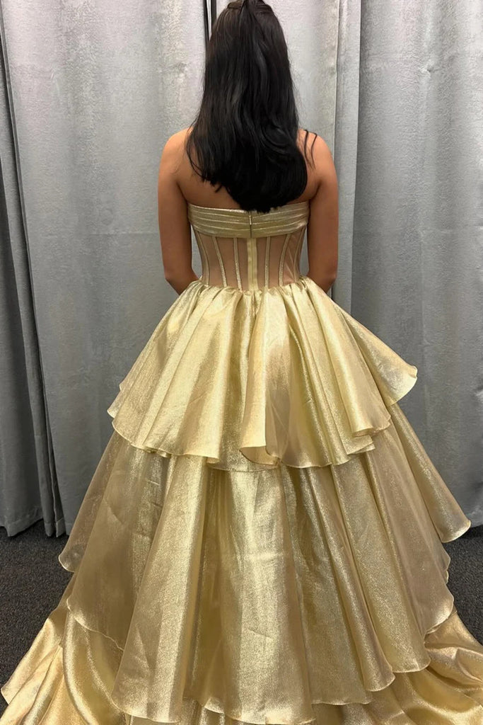 Strapless Gold Organza Layered Long Prom Dresses, Gold Organza Layered