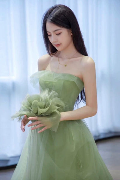 Strapless Green Sage Tulle Long Prom Dresses, Sage Green Long Tulle Formal Evening Dresses