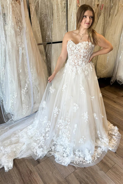 Strapless Ivory Lace Long Wedding Dresses with Train, White Lace Prom Dresses, Ivory Formal Evening Dresses
