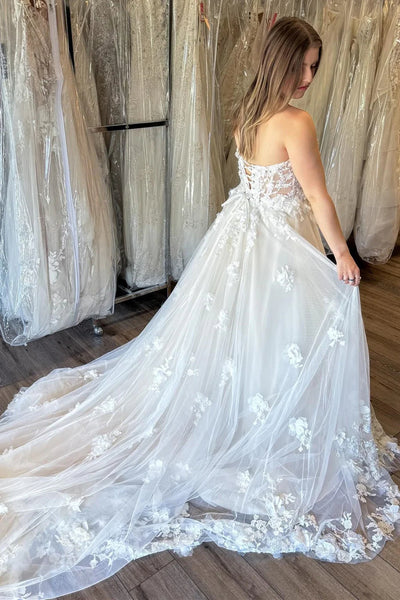 Strapless Ivory Lace Long Wedding Dresses with Train, White Lace Prom Dresses, Ivory Formal Evening Dresses