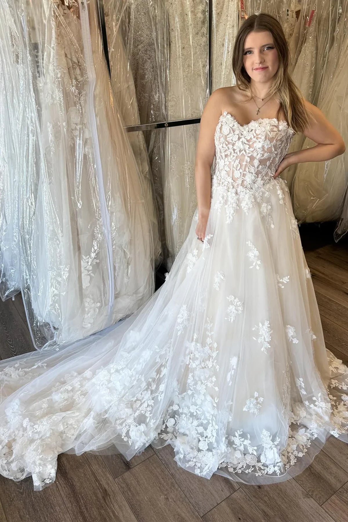 Strapless Ivory Lace Long Wedding Dresses with Train, White Lace Prom Eip Collection Strapless Ivory Lace Long Wedding Dresses with Train, White Lace Prom Eip Collection