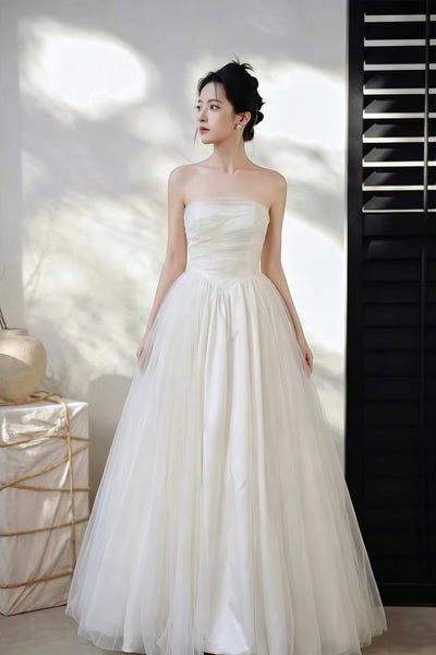 Strapless Ivory Tulle Wedding Dress, Simple A Line Bridal Gown, Ruched Bodice Floor Length Prom Wedding Gown