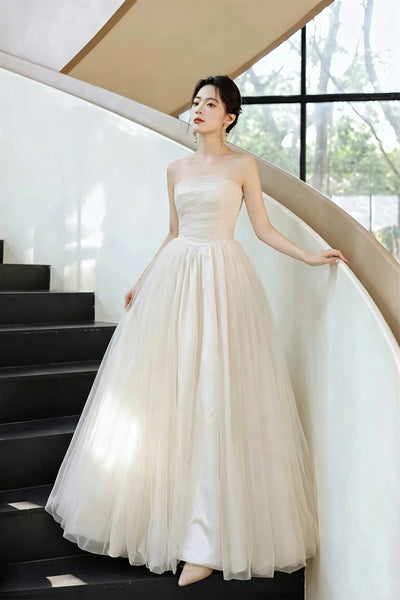 Strapless Ivory Tulle Wedding Dress, Simple A Line Bridal Gown, Ruched Bodice Floor Length Prom Wedding Gown