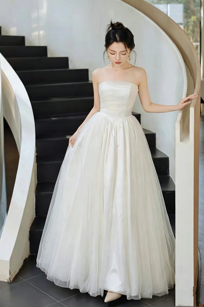 Strapless Ivory Tulle Wedding Dress, Simple A Line Bridal Gown, Ruched Bodice Floor Length Prom Wedding Gown