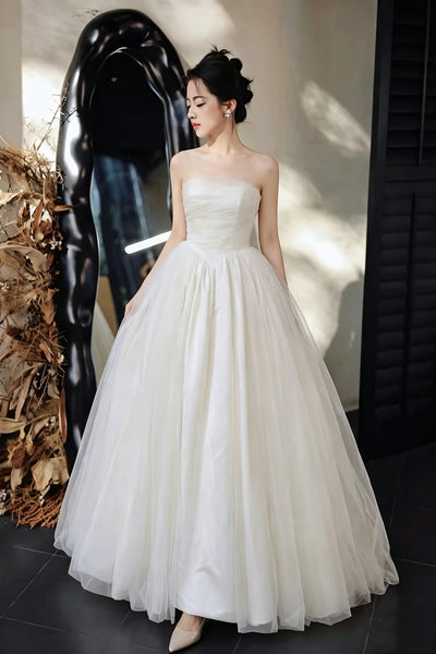 Strapless Ivory Tulle Wedding Dress, Simple A Line Bridal Gown, Ruched Bodice Floor Length Prom Wedding Gown
