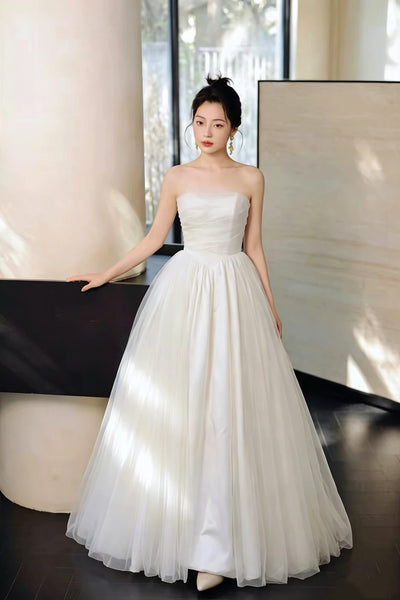 Strapless Ivory Tulle Wedding Dress, Simple A Line Bridal Gown, Ruched Bodice Floor Length Prom Wedding Gown