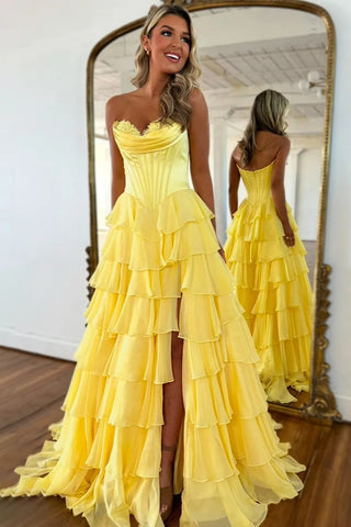 Strapless Lace Layered Long Prom Dresses, Lace Layered Long Formal Evening Dresses