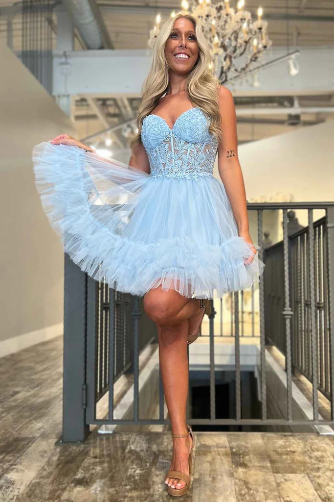 Strapless Light Blue/Yellow/Navy Blue Lace Prom Dresses, Short Light B Eip Collection Strapless Light Blue/Yellow/Navy Blue Lace Prom Dresses, Short Light B Eip Collection