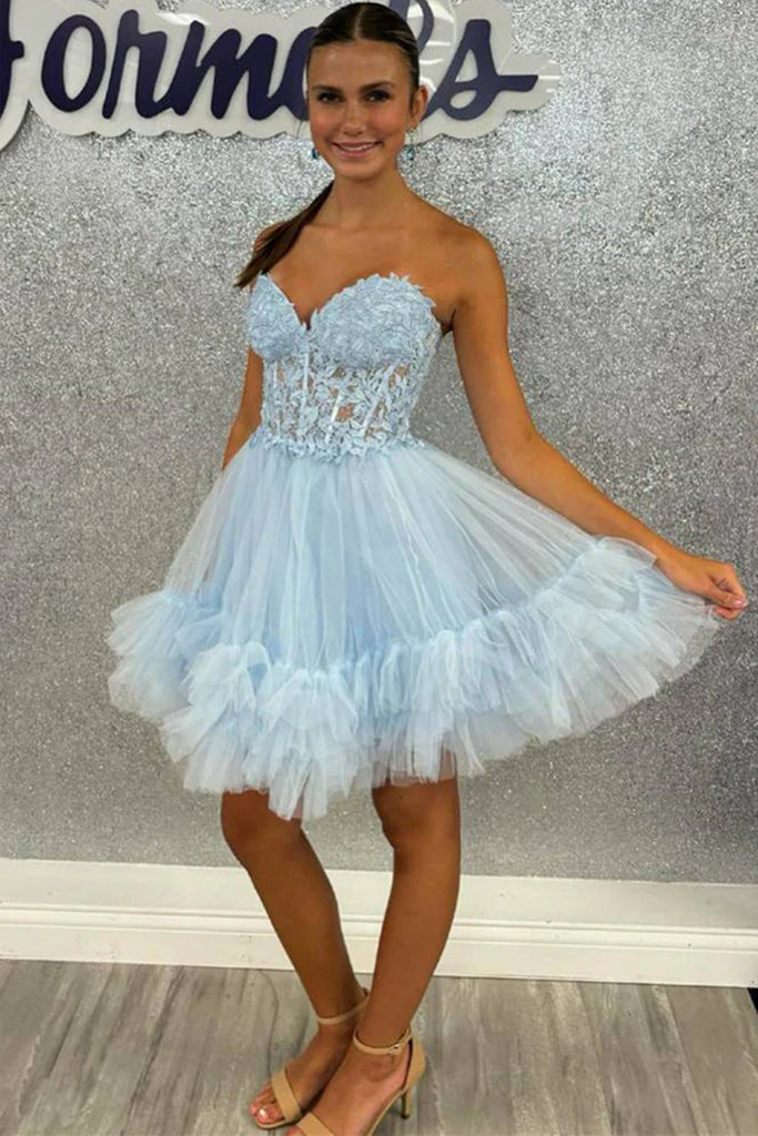 Strapless Light Blue/Yellow/Navy Blue Lace Prom Dresses, Short Light B Eip Collection Strapless Light Blue/Yellow/Navy Blue Lace Prom Dresses, Short Light B Eip Collection