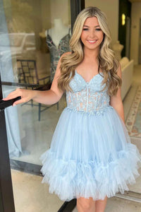 Strapless Light Blue/Yellow/Navy Blue Lace Prom Dresses, Short Light B Eip Collection Strapless Light Blue/Yellow/Navy Blue Lace Prom Dresses, Short Light B Eip Collection