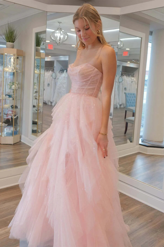 Pink Ruffle Gown Strapless Light Pink Sequins Ruffled Prom Dresses, Light Pink Ruffled ...