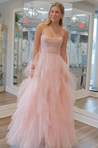 Strapless Light Pink Sequins Ruffled Prom Dresses, Light Pink Ruffled Long Formal Evening Dresses