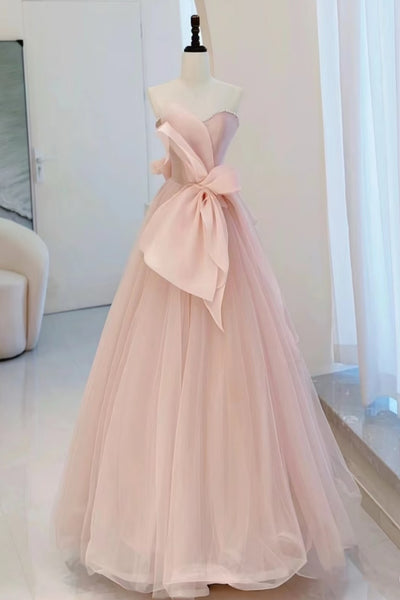 Strapless Light Pink Tulle Long Prom Dresses, Light Pink Tulle Long Formal Evening Dresses