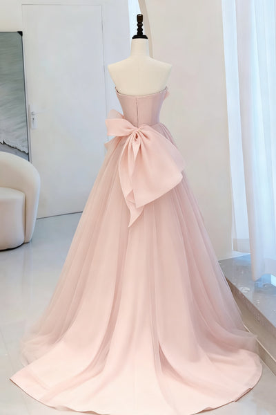 Strapless Light Pink Tulle Long Prom Dresses, Light Pink Tulle Long Formal Evening Dresses