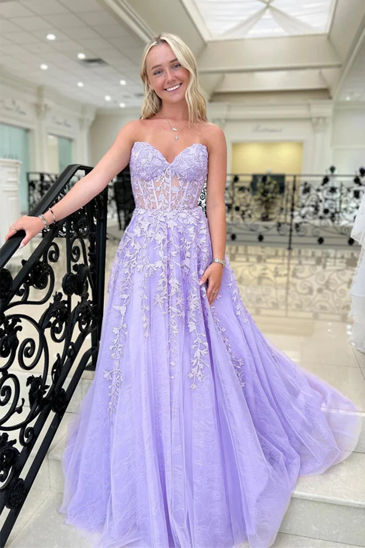 Strapless Lilac/Blue Lace Long Prom Dresses, Lilac/Blue Lace Formal Dr Eip Collection Strapless Lilac/Blue Lace Long Prom Dresses, Lilac/Blue Lace Formal Dr Eip Collection